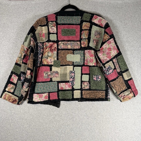 Vintage Patchwork Jacket Womens Medium Black Floral Open Handmade - Picture 6 of 10